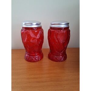 Mosser Red Glass Strawberries Pattern. salt and pepper shakers.